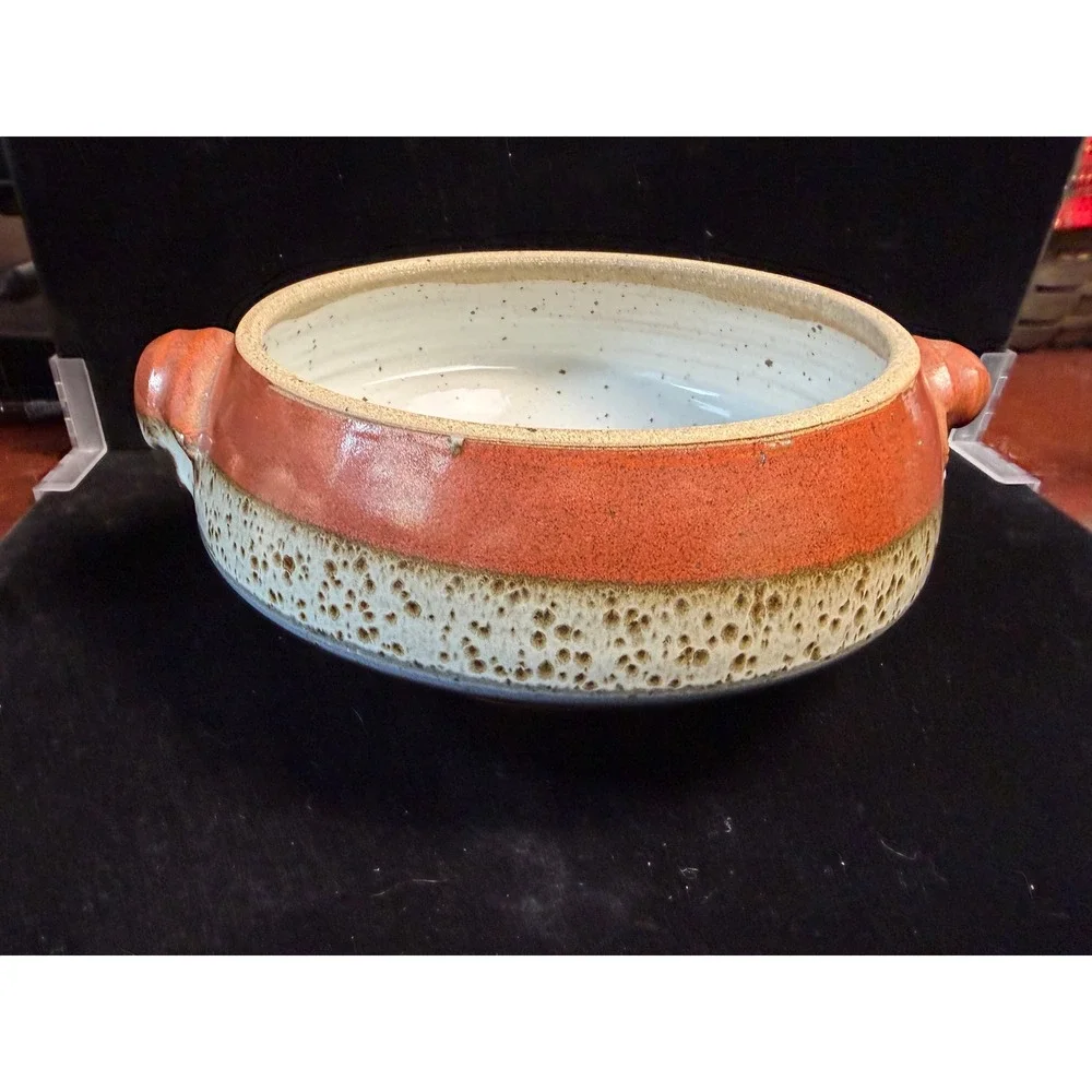 Handmade Studio Pottery Serving‎ Bowl with Handles Terracotta Speckled Glaze